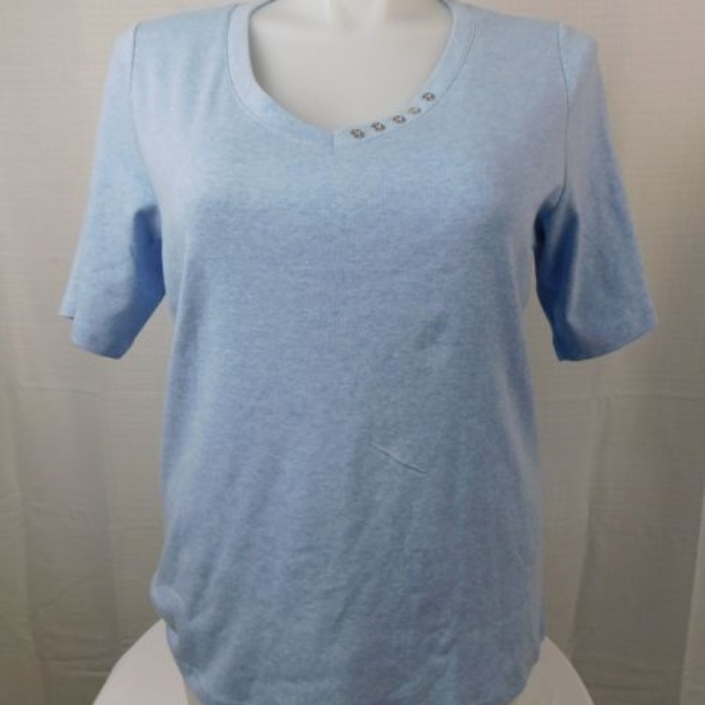 Karen Scott Blue V-neck Tee with Button Detail - Picture 3 of 5